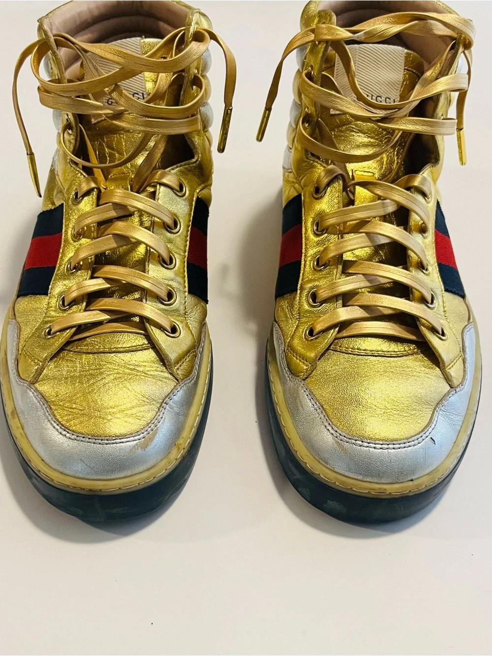 Gucci Men’s Metallic Gold Leather High Top Sneakers Size 8.5